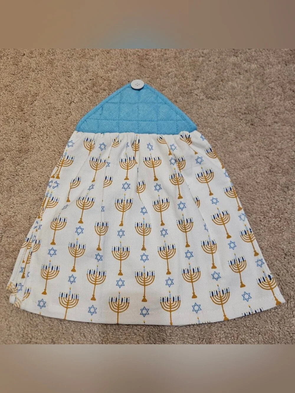 2 Handcrafted Potholders Attached To Towels | Blue, White + Gold | Jewish